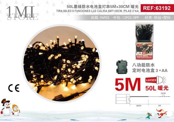 Serie de luces navideñas 50 LED luz cálida 5 m 8 funciones (pilas)