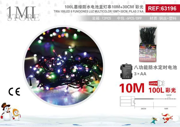 Serie de luces navideñas 100 LED multicolor 10 m 8 funciones (pilas)