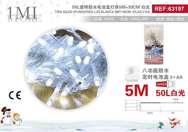 Serie de luces navideñas 50 LED luz blanca 5 m 8 funciones (pilas)