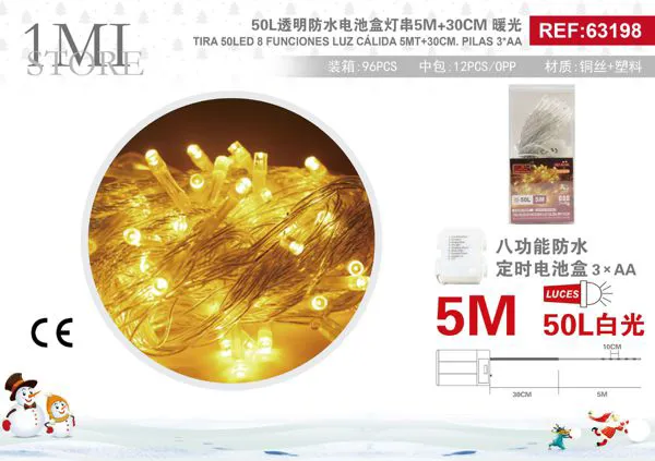 Serie de luces navideñas 50 LED luz cálida 5 m 8 funciones (pilas)
