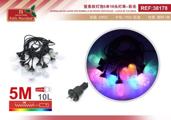 Serie de luces navideñas de focos rayados 10 focos multicolor 5 m