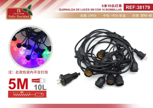 Serie de luces navideñas 5 m con 10 portalámparas (sin focos)