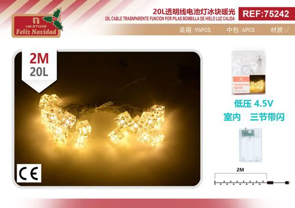 Serie de luces navideñas cubos de hielo 20 LED luz cálida 2 m (pilas)
