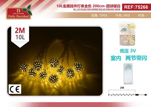 Serie de luces LED navideñas con esferas metálicas doradas, luz cálida, 2 m (10 luces)
