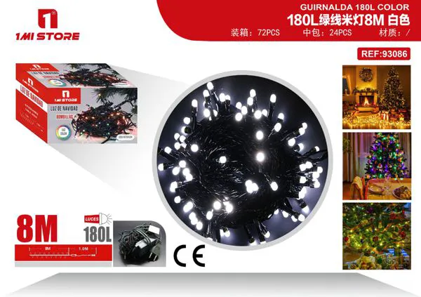 Serie de luces LED navideñas blancas 8 m (180 luces, cable verde)