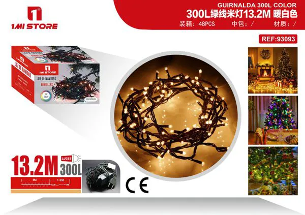 Serie de luces LED navideñas cálidas 13.2 m (300 luces, cable verde)