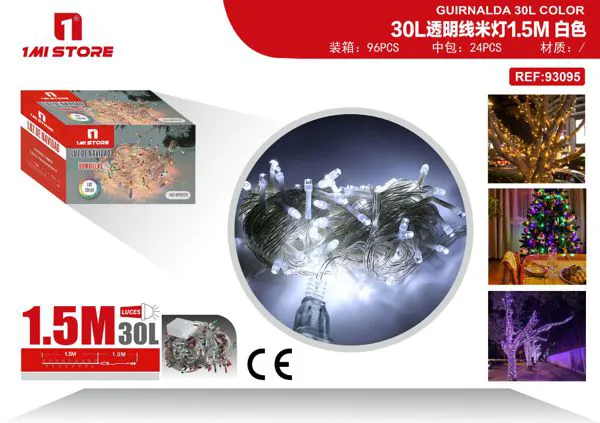 Serie de luces LED navideñas blancas 1.5 m (30 luces, cable transparente)