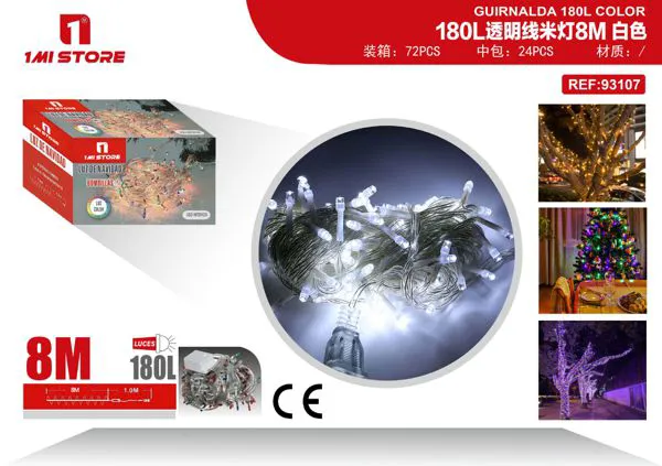 Serie de luces LED navideñas blancas 8 m (180 luces, cable transparente)