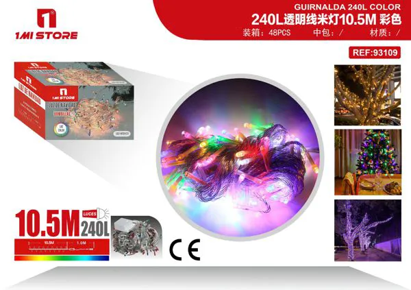 Serie de luces LED navideñas multicolor 10.5 m (240 luces, cable transparente)