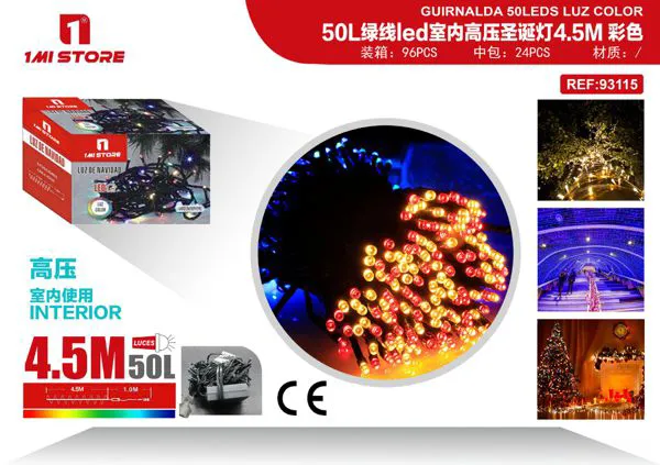 Serie de luces LED navideñas multicolor para interior 4.5 m (50 luces, cable verde)
