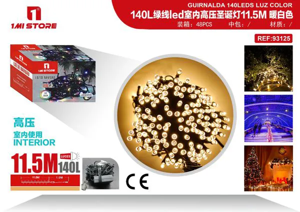 Serie de luces LED navideñas cálidas para interior 11.5 m (140 luces, cable verde)