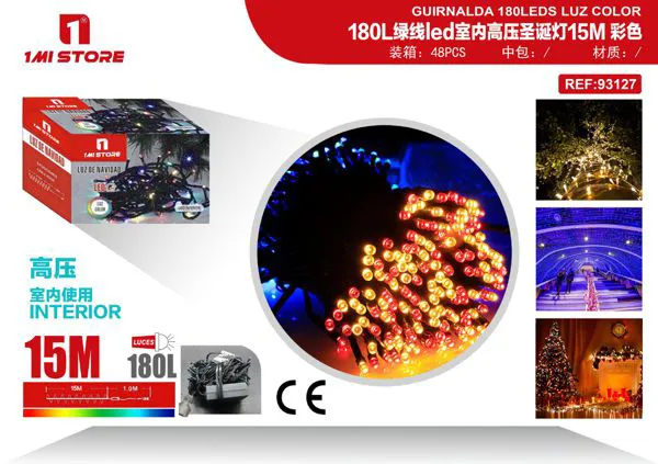 Serie de luces LED navideñas multicolor para interior 15 m (180 luces, cable verde)