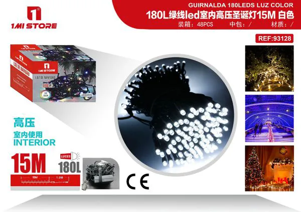 Serie de luces LED navideñas blancas para interior 15 m (180 luces, cable verde)