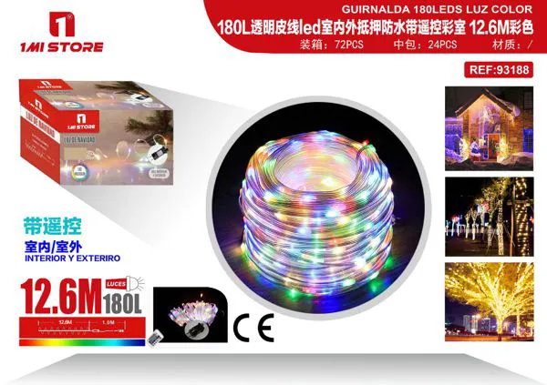 Serie de luces LED navideñas multicolor para interior y exterior 12.6 m (180 luces, con control remoto)