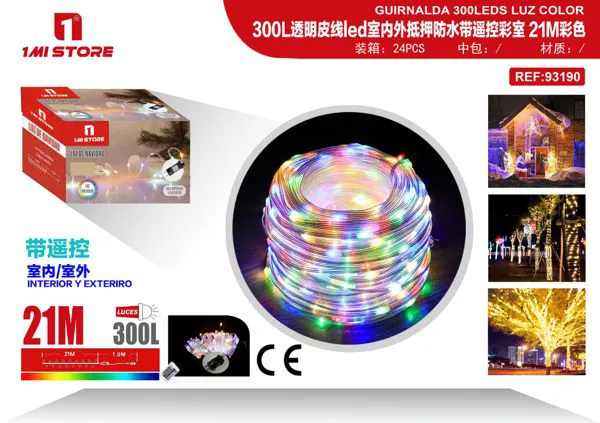 Serie de luces LED navideñas multicolor para interior y exterior 21 m (300 luces, con control remoto)