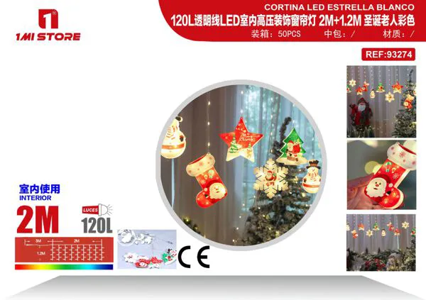 Cortina de luces LED navideñas con figuras (Santa, estrella, muñeco de nieve) multicolor 2 m (120 luces)