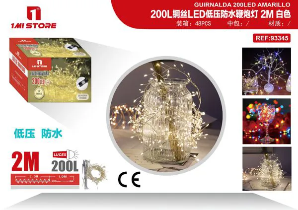Serie de luces LED navideñas de alambre de cobre tipo racimo 2 m (200 luces, luz cálida)