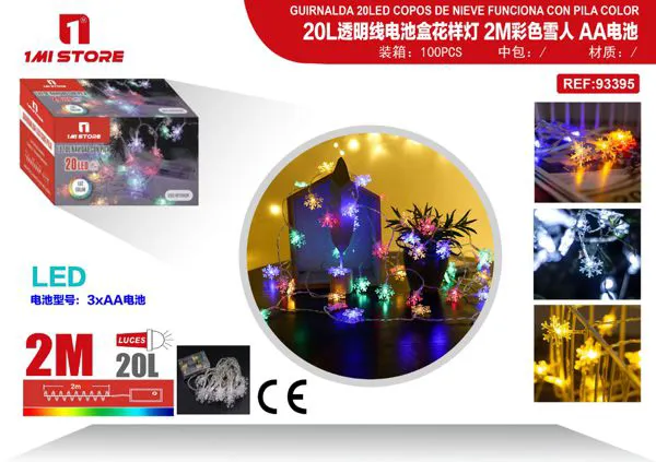 Serie de luces LED navideñas con copos de nieve multicolor 2 m (20 luces, a pilas)