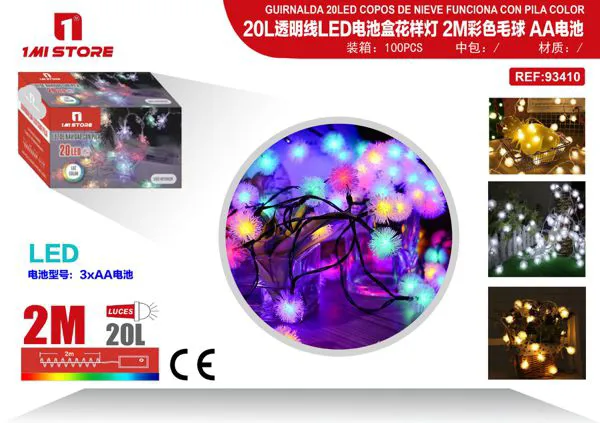 Serie de luces LED navideñas con pompones multicolor 2 m (20 luces, a pilas)