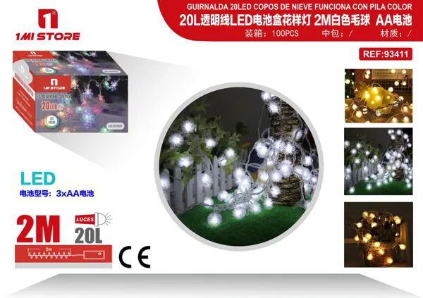 Serie de luces LED navideñas con pompones blancos 2 m (20 luces, a pilas)