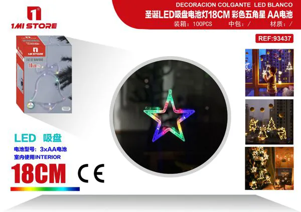 Luz LED navideña colgante de ventana con estrella multicolor 18 cm (a pilas, con ventosa)