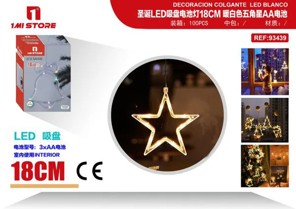 Luz LED navideña colgante de ventana con estrella, luz cálida 18 cm (a pilas, con ventosa)