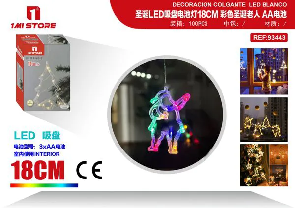 Luz LED navideña colgante de ventana con reno multicolor 18 cm (a pilas, con ventosa)
