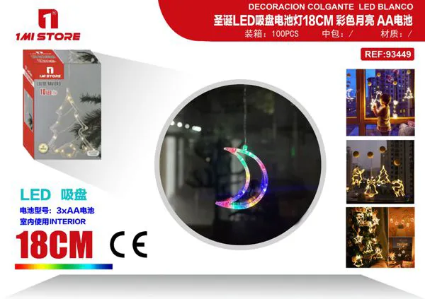 Luz LED navideña colgante de ventana con luna multicolor 18 cm (a pilas, con ventosa)