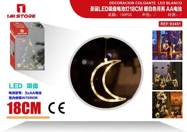 Luz LED navideña colgante de ventana con luna, luz cálida 18 cm (a pilas, con ventosa)