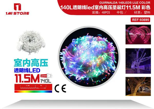 Serie de luces LED navideñas multicolor para interior 11.5 m (140 luces, cable transparente)