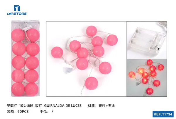 Serie de luces LED navideñas con bolas de algodón rosas (10 focos)