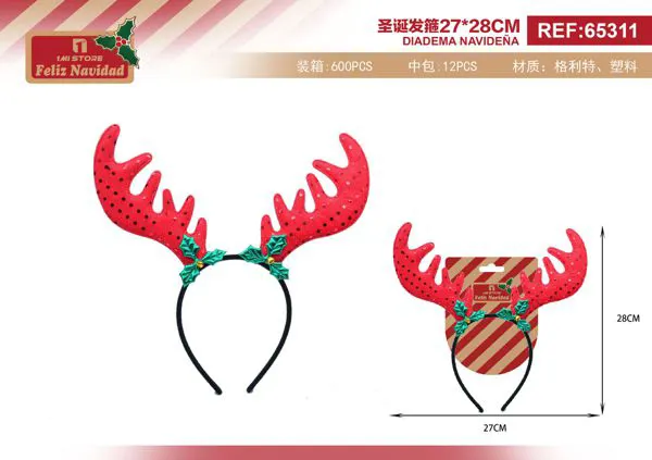 Diadema navideña de cuernos de reno rojos