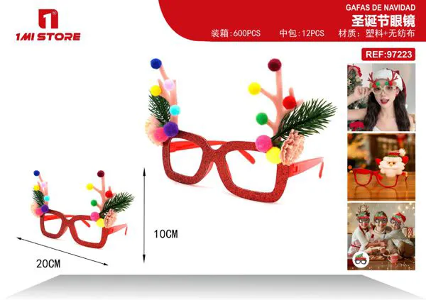 Gafas de fiesta navideñas con astas y pompones de colores