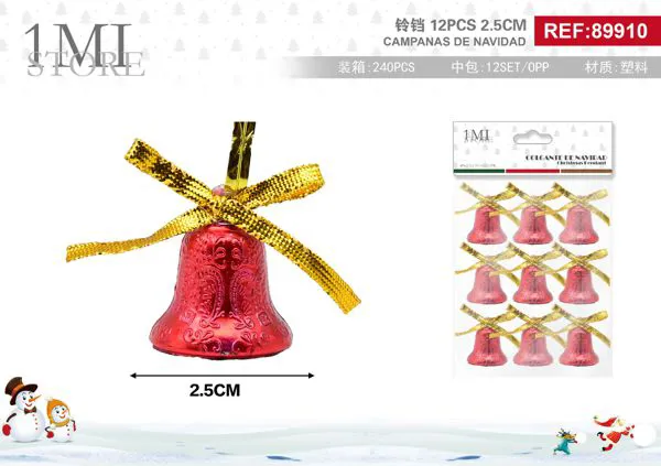 Campanas navideñas rojas con moño 2.5 cm (12 pzas)