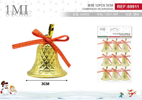 Campanas navideñas doradas con moño 3 cm (12 pzas)