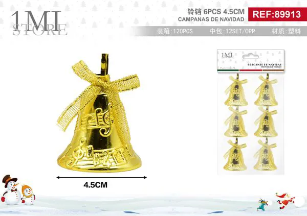 Campanas navideñas doradas con notas musicales 4.5 cm (6 pzas)