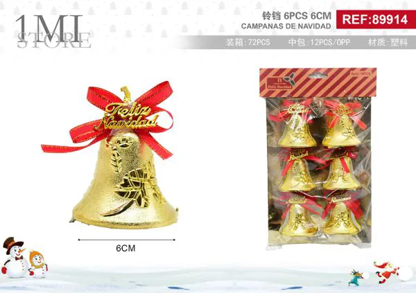 Campanas navideñas doradas Feliz Navidad 6 cm (6 pzas)