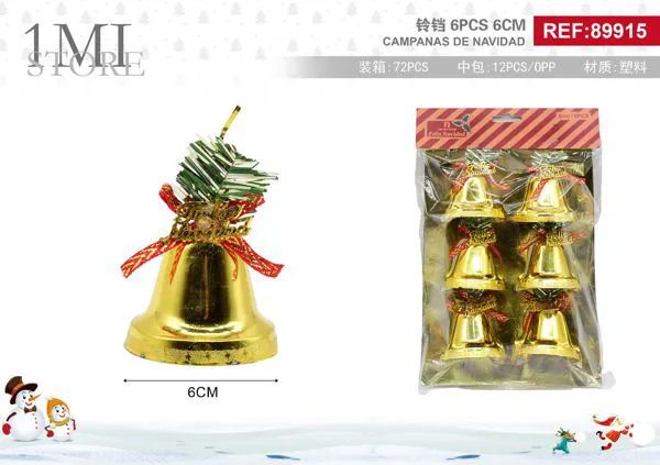 Campanas navideñas doradas con moño y pino 6 cm (6 pzas)