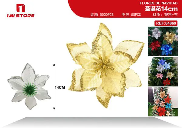 Flor de Nochebuena decorativa dorada con clip 14 cm