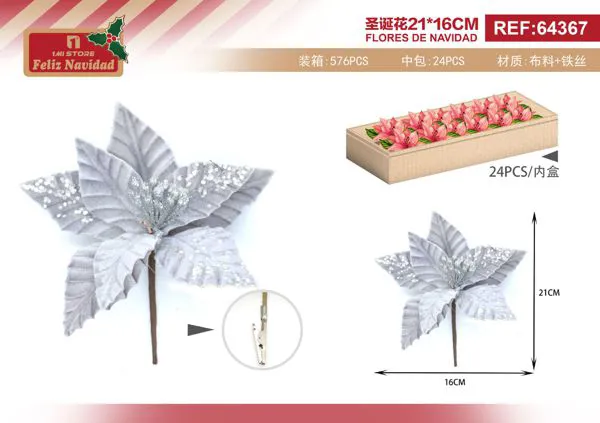 Flor de Nochebuena plateada decorativa con clip 21 cm