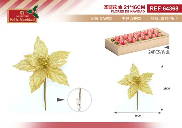 Flor de Nochebuena dorada decorativa con clip 21 cm