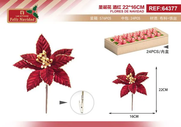 Flor de Nochebuena roja decorativa con clip 22 cm