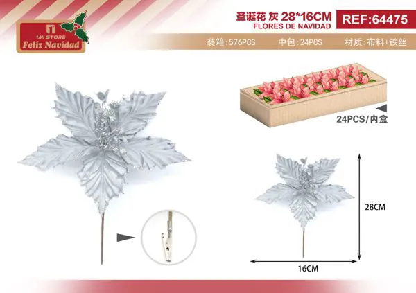 Flor de Nochebuena plateada decorativa con clip 28 cm