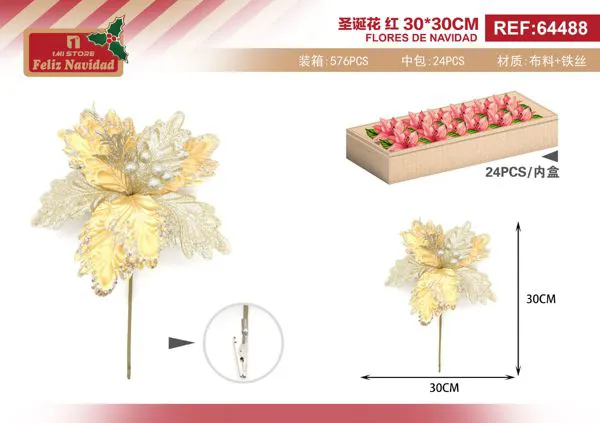 Flor de Nochebuena dorada decorativa con clip 30 cm