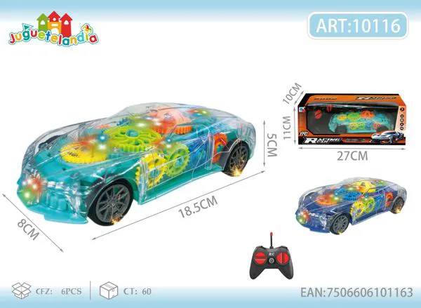 Auto deportivo de control remoto transparente con engranajes, luces y sonido