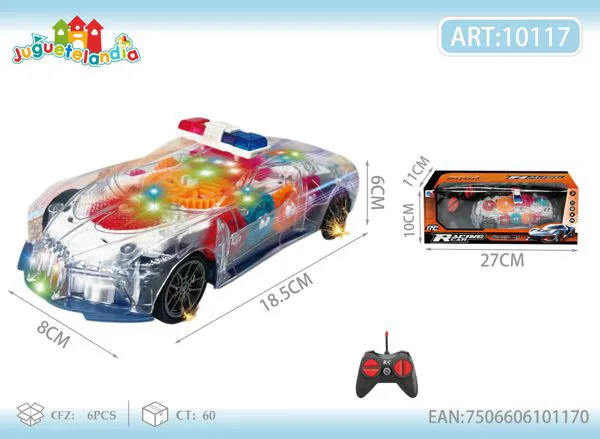 Patrulla de policía de control remoto transparente con engranajes y luces