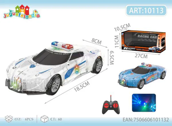 Patrulla de policía de control remoto con carcasa transparente y luces
