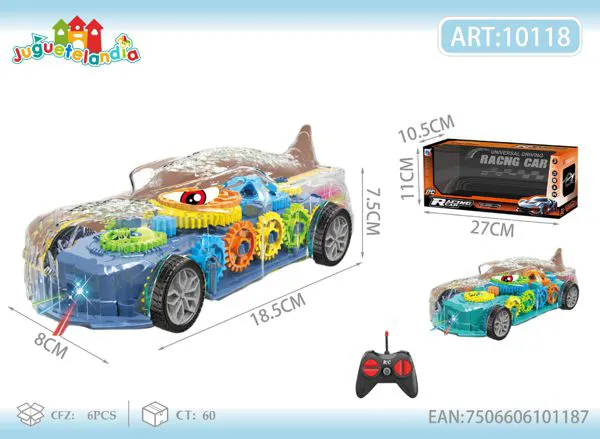 Auto de control remoto de dinosaurio transparente con engranajes y luces