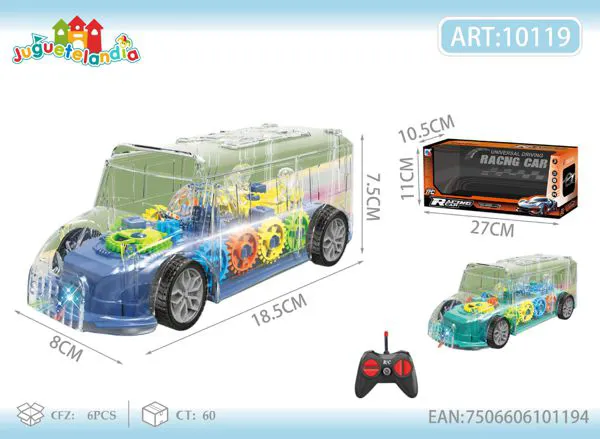 Autobús escolar de control remoto transparente con engranajes y luces