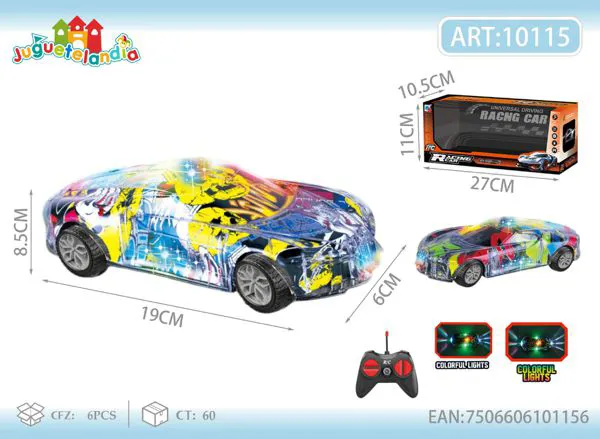 Auto deportivo de control remoto transparente con grafiti y luces de colores